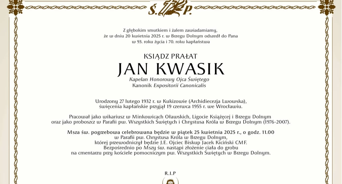 Uroczystości pogrzebowe śp. ks. prałata Jana Kwasika