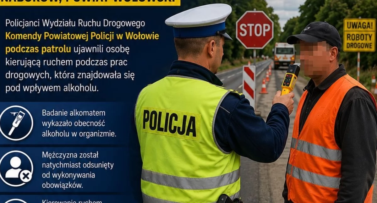 Bezpieczeństwo, Zamiast dbać bezpieczeństwo stwarzał śmiertelne zagrożenie Pijany „kierujący ruchem” rękach policji - zdjęcie, fotografia